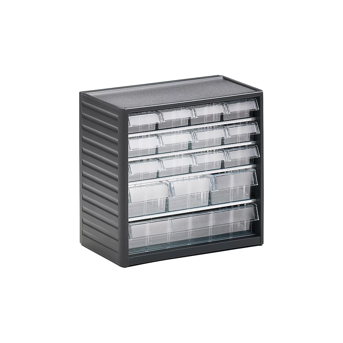 Dark gray drawer cabinet with transparent drawers. The cabinet has multiple rows of drawers.