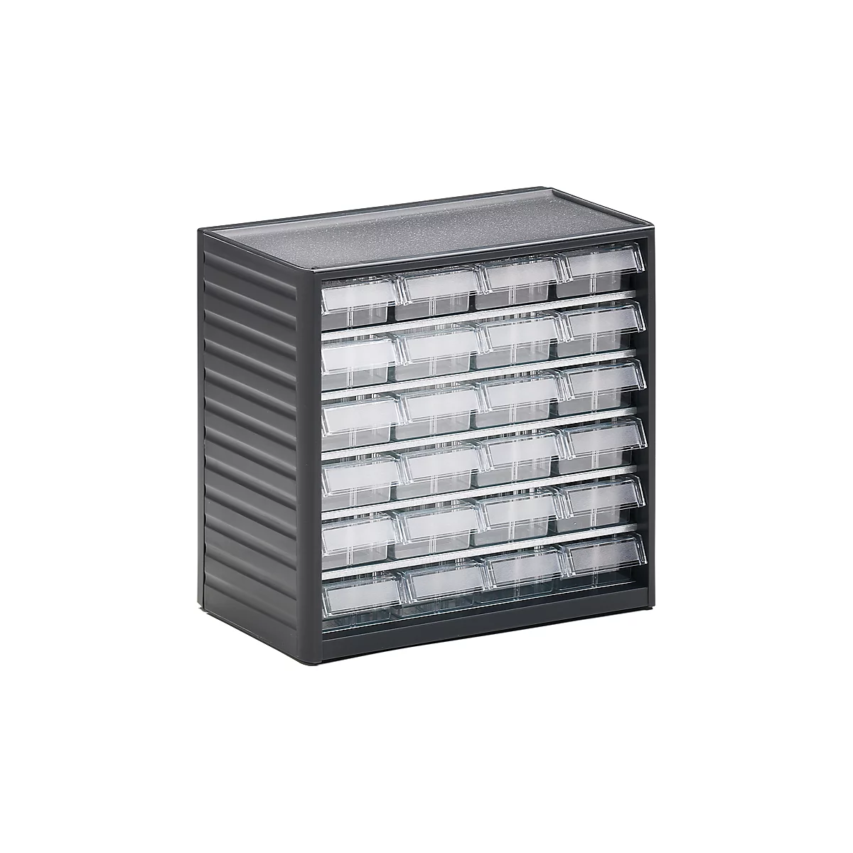 Gray parts organizer with drawers, each with a transparent flap and a labeling field.