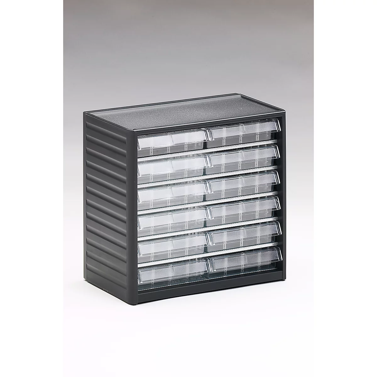 Black storage box with several transparent drawers. The box stands on a white background.