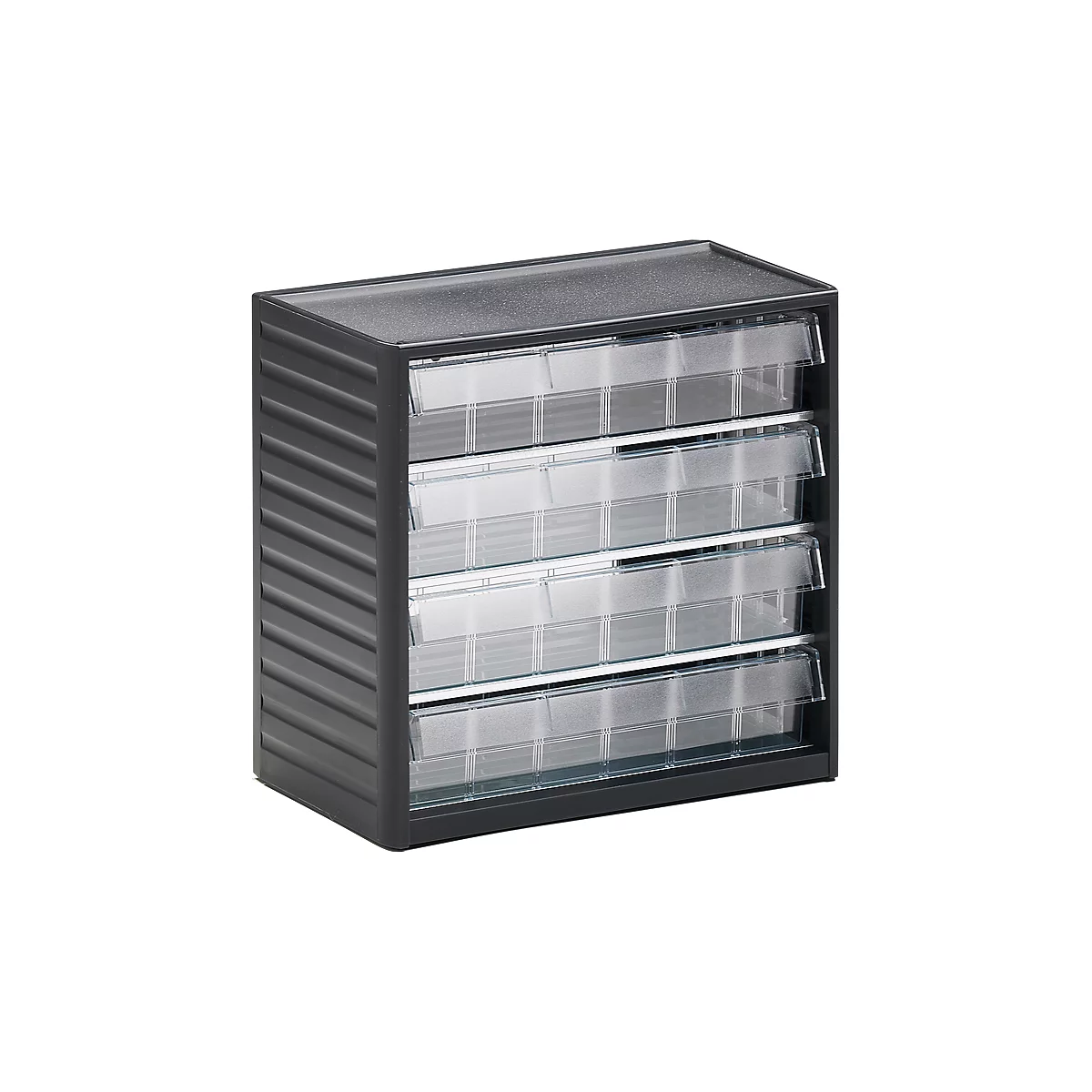 Dark gray organizer with transparent drawers. The drawers are divided into small compartments.