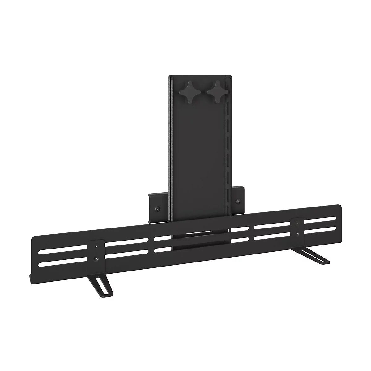 Support TV noir composé d'une colonne verticale et de supports horizontaux, avec vis et découpes.