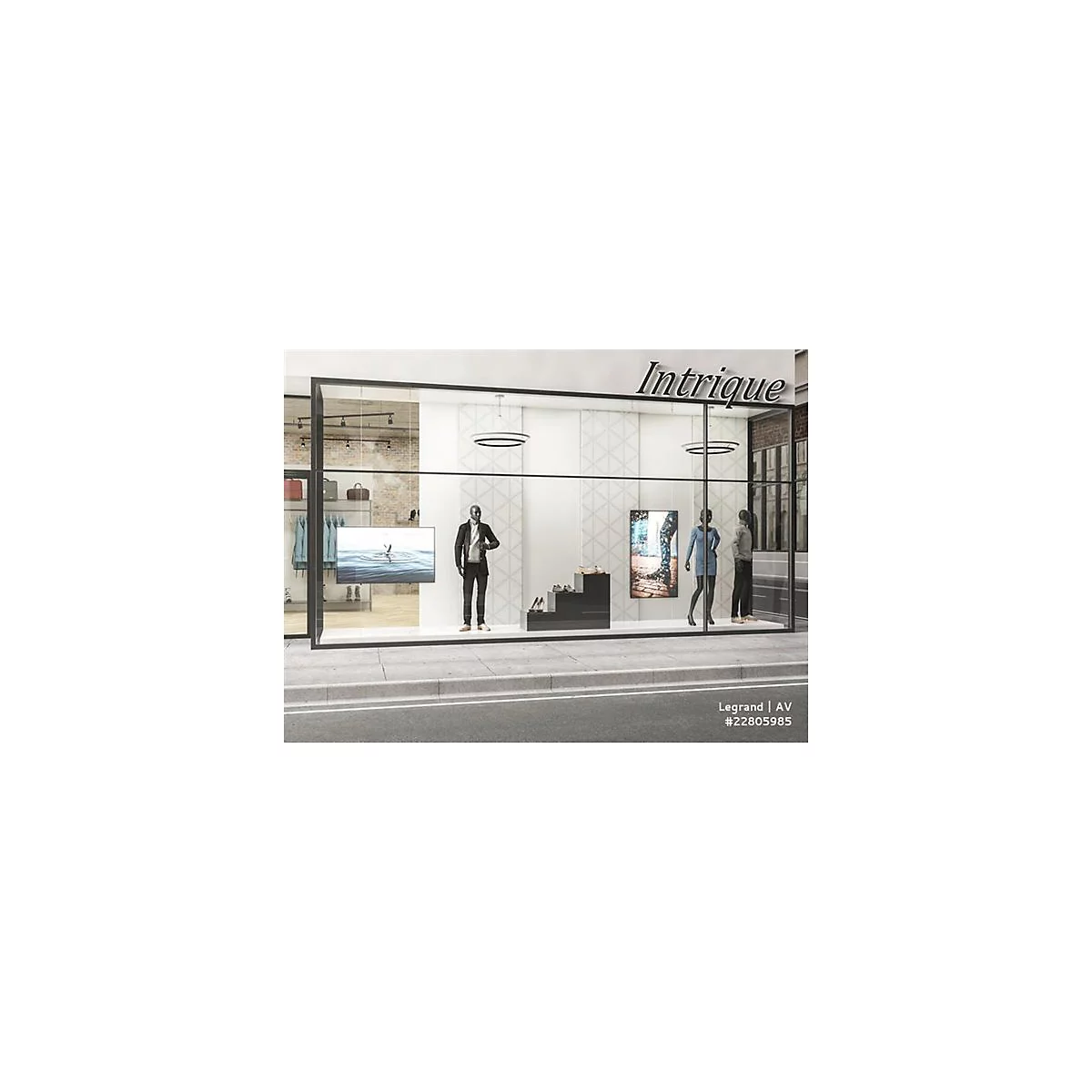 Schaufenster eines Ladens namens Intrigue mit Schaufensterpuppen und digitalen Displays.
