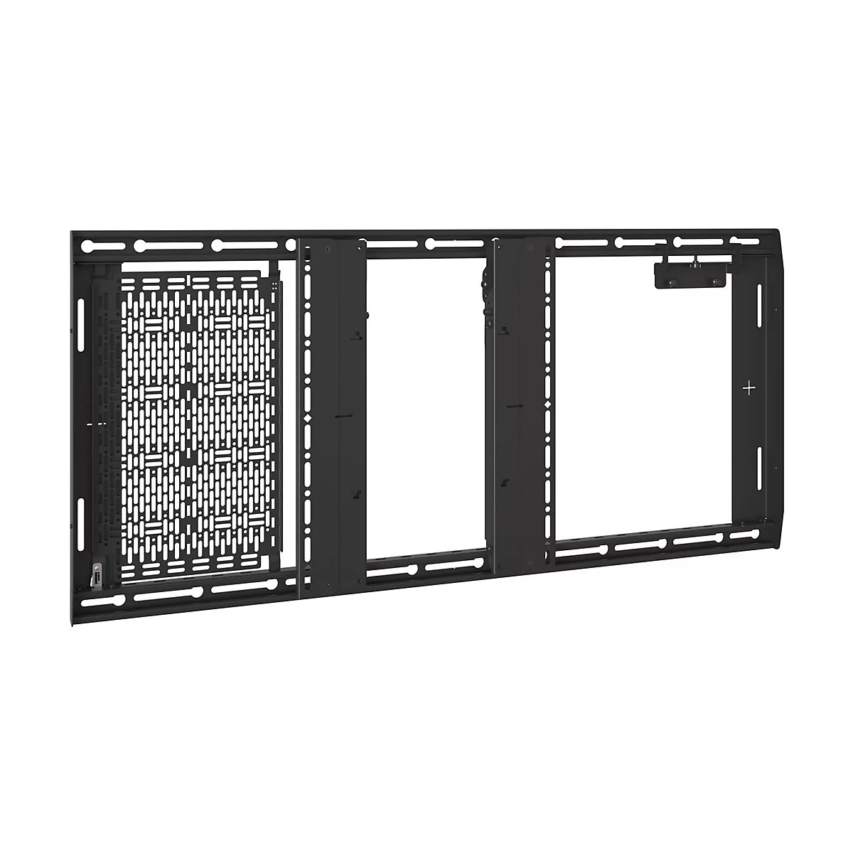 Schwarze, modulare Videowand-Halterung für Displays vor weißem Hintergrund.