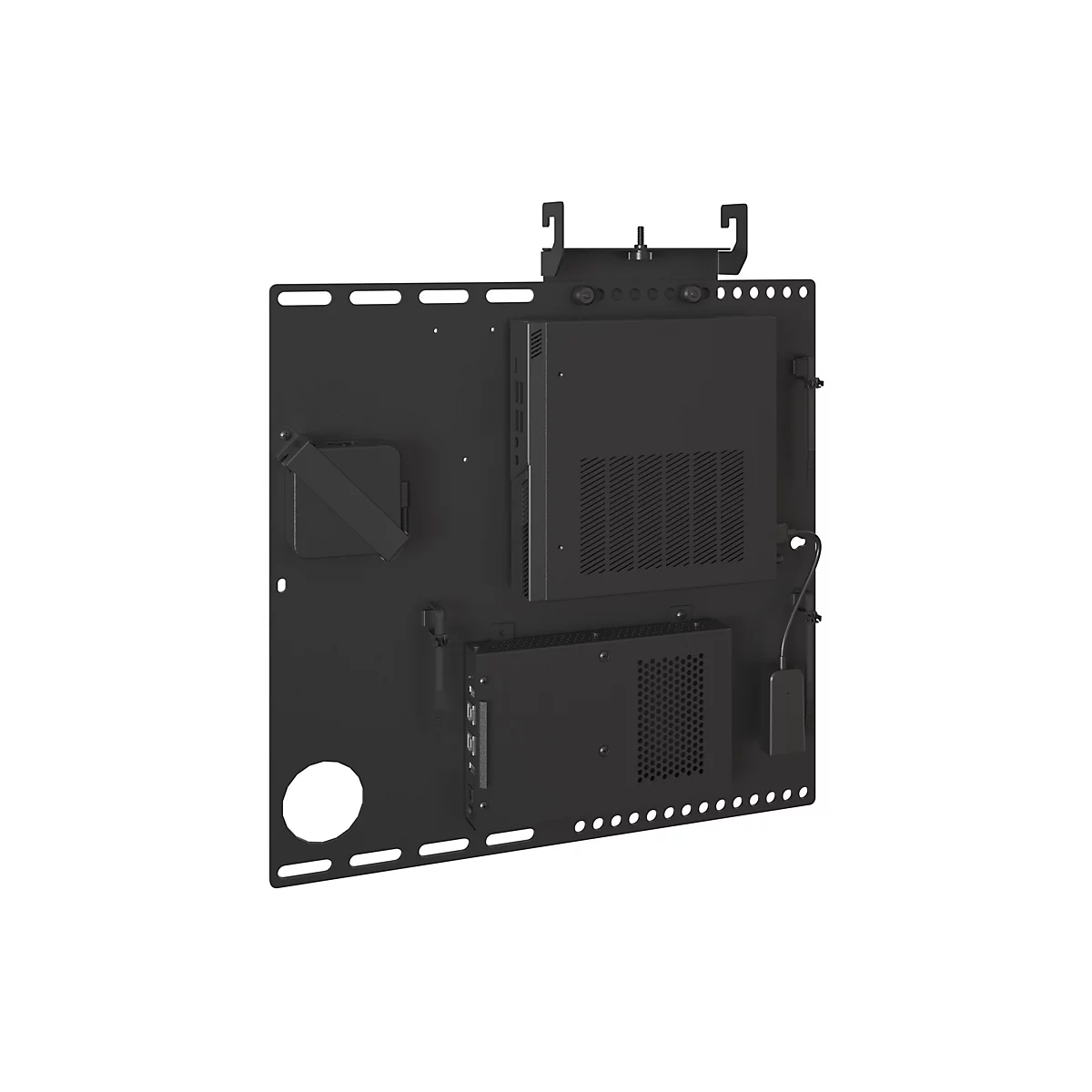 Schwarze Montageplatte mit montierten Mini-PCs und Kabelmanagement.