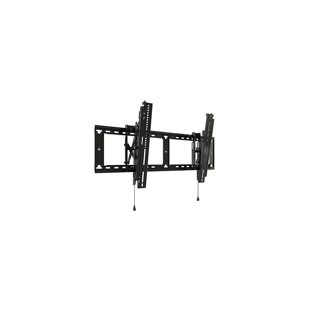 Schwarze, neigbare TV-Wandhalterung aus Metall vor weißem Hintergrund.