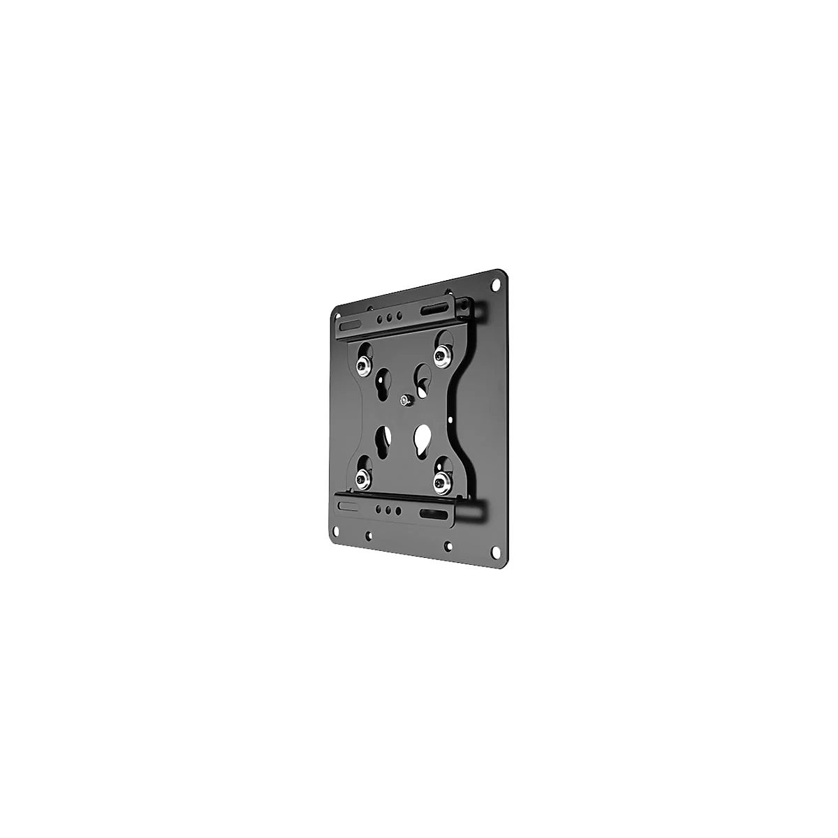 Schwarze, flache Wandhalterung für Fernseher oder Monitore aus Metall vor weißem Hintergrund.