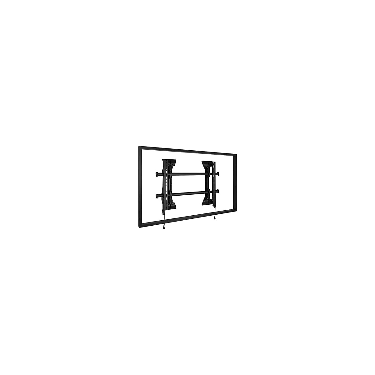 Schwarze TV-Halterung an weiÃŸer Wand, montiert, mit Halterungen, Schrauben und Stangen.