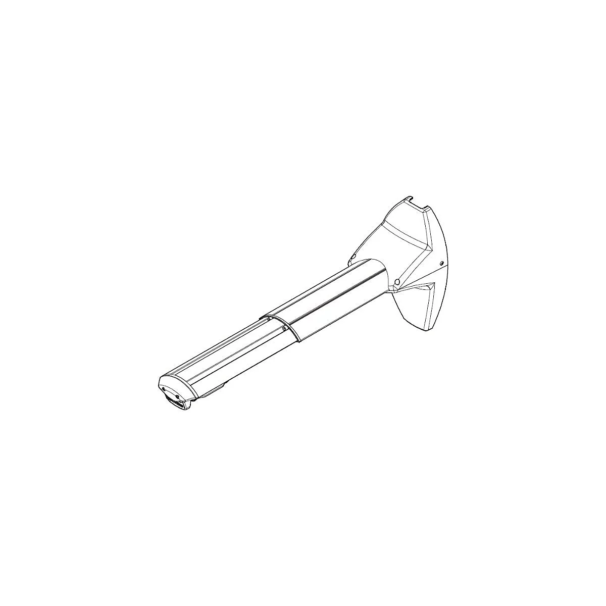Technische Strichzeichnung eines Markisenarms mit Wandhalterung auf weißem Grund.