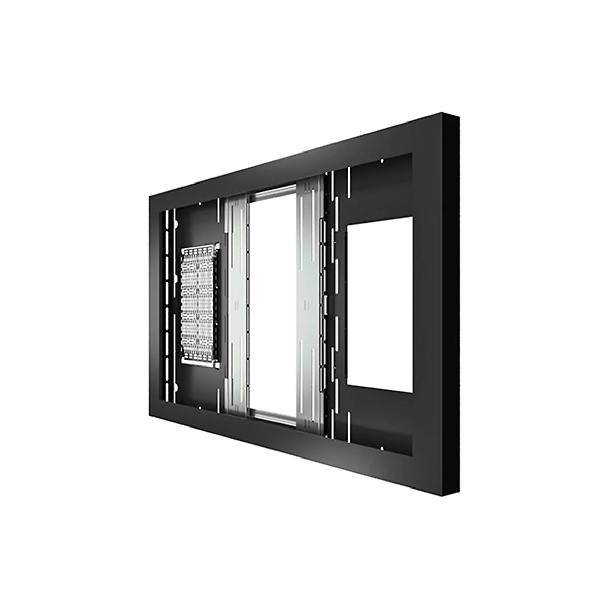 Schwarzer Metallrahmen zur Wandmontage eines Displays mit technischen Aussparungen auf hellem Grund.