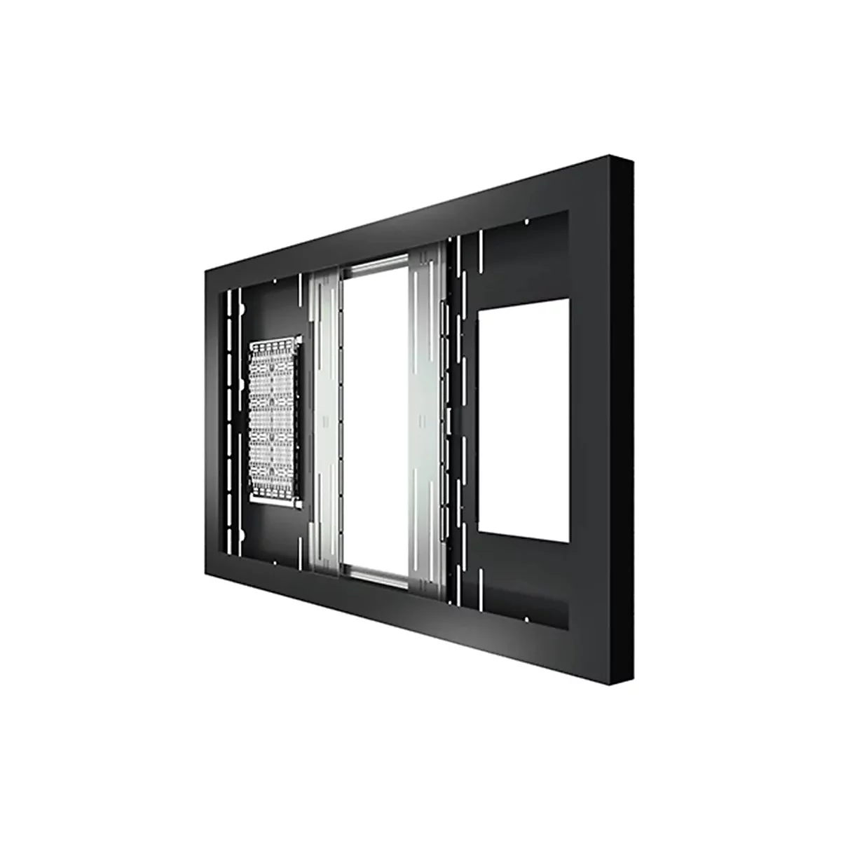 Schwarzer Metallrahmen für Digital Signage Displays mit innerer Halterung vor weißem Hintergrund.