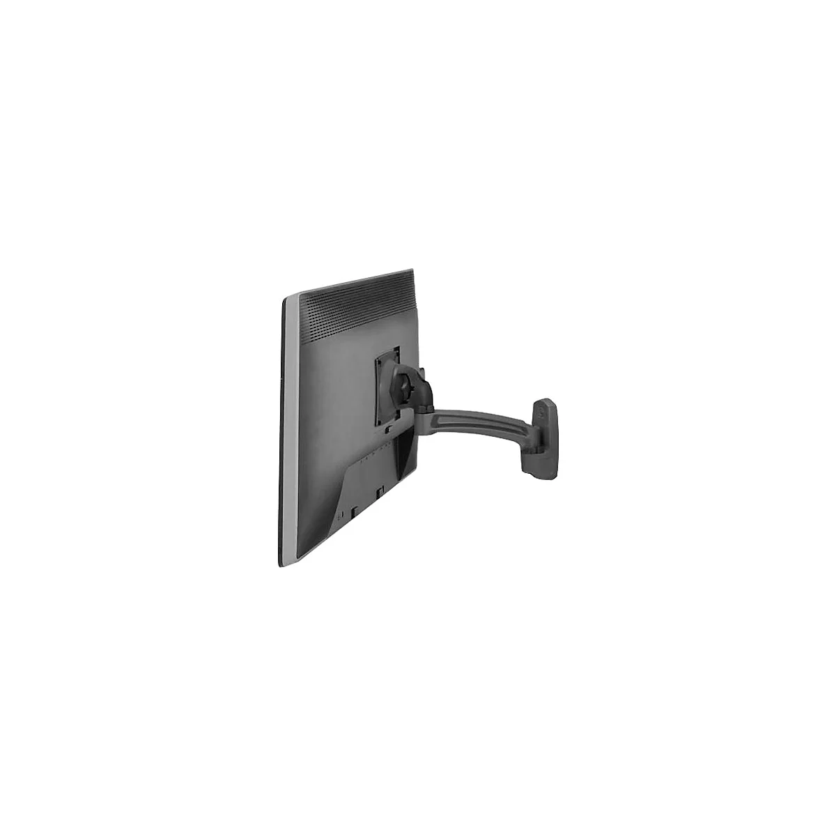 Ein Computermonitor ist seitlich an einer schwenkbaren Wandhalterung befestigt.