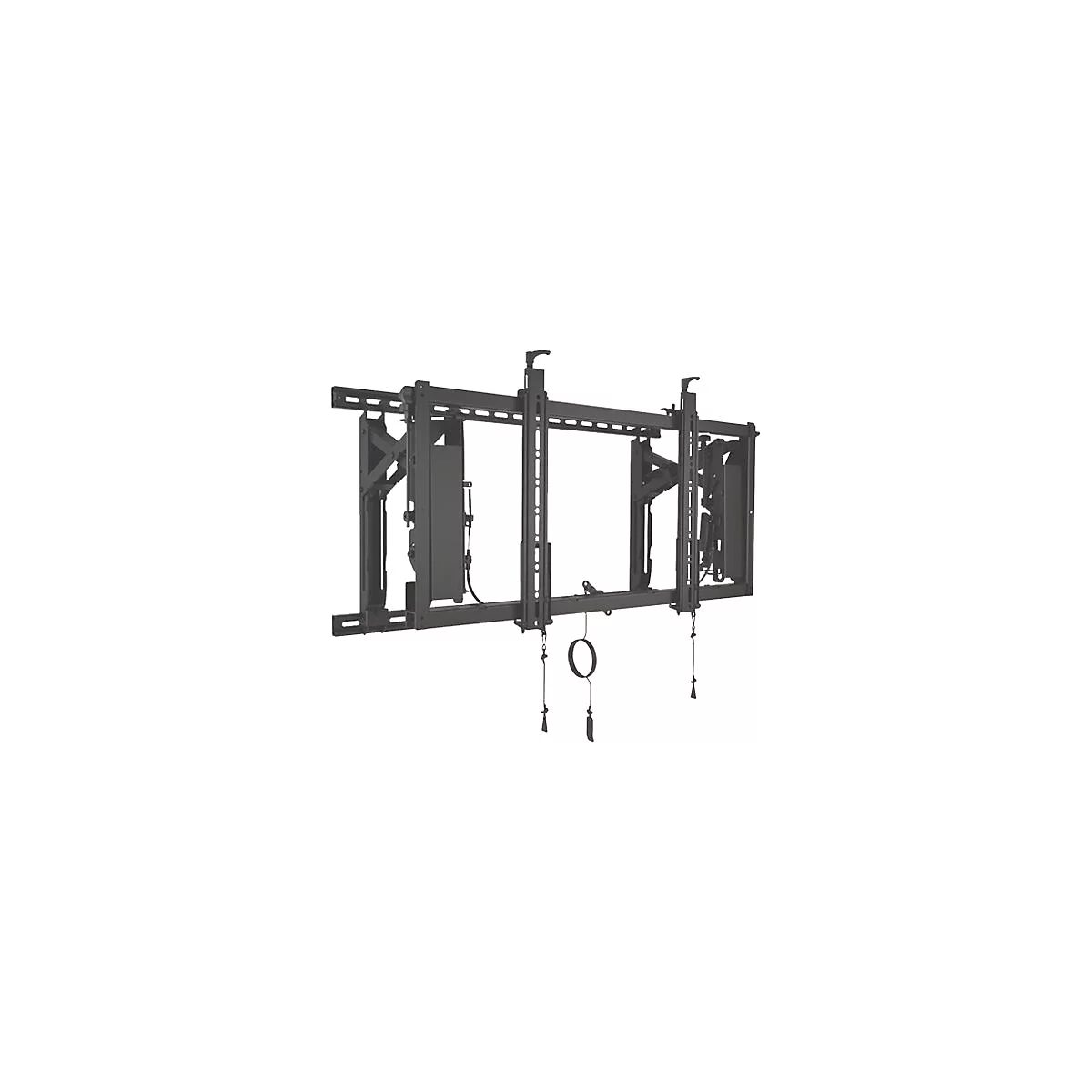 Support mural TV noir, construction métallique avec divers supports et câbles, isolé sur fond blanc.