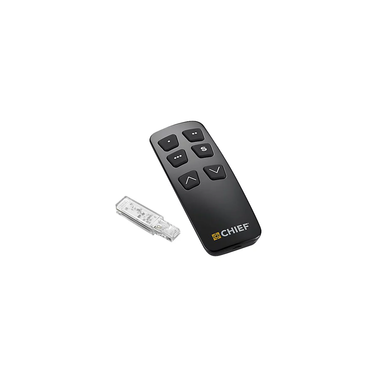 Schwarze Fernbedienung mit Tasten für Einstellungen und ein kleiner, transparenter USB-Empfänger auf weißem Grund.