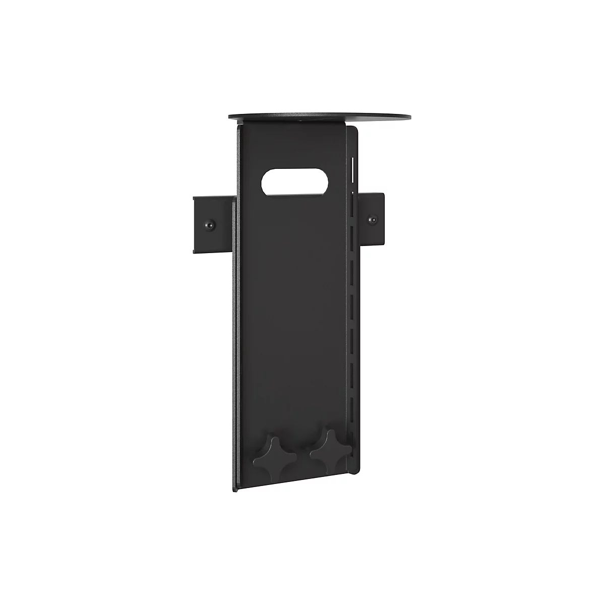 Schwarze Metall-Wandhalterung für Computer mit verstellbarer Schiene und zwei Sternschrauben vor weißem Hintergrund.