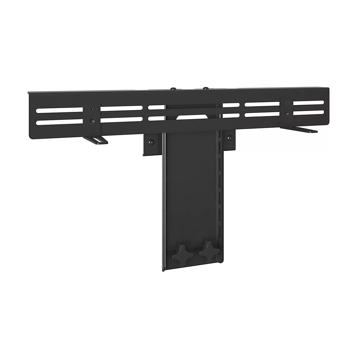 Schwarze TV-Halterung, die aus verschiedenen Metallplatten zusammengesetzt ist. Der obere Teil hat horizontale Schlitze, der untere hat Schrauben.