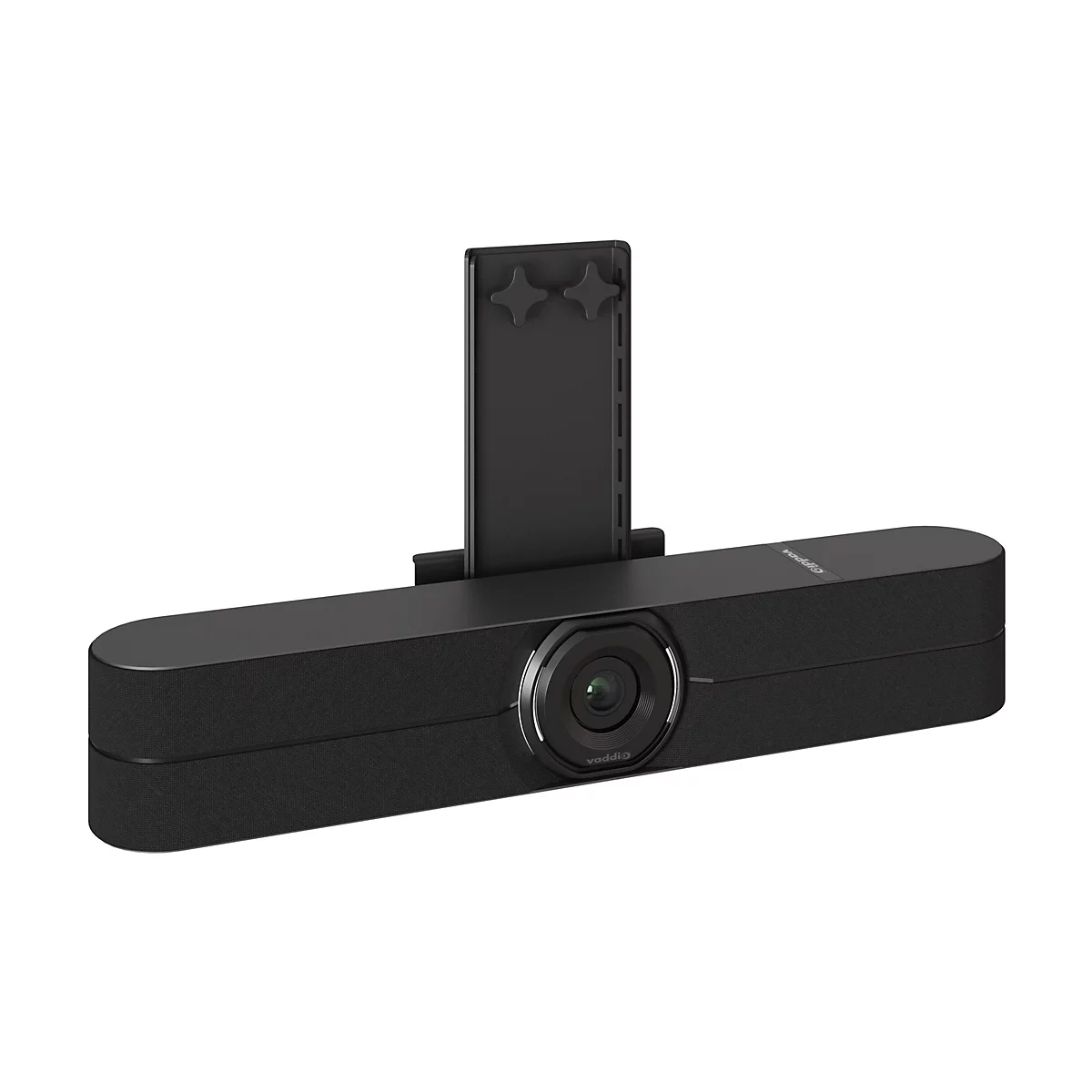 Schwarze Videokonferenz-Kamera, mit Smartphone-Halterung. Die Kamera ist lÃ¤nglich, hat eine Linse und steht vor weiÃŸem Hintergrund.