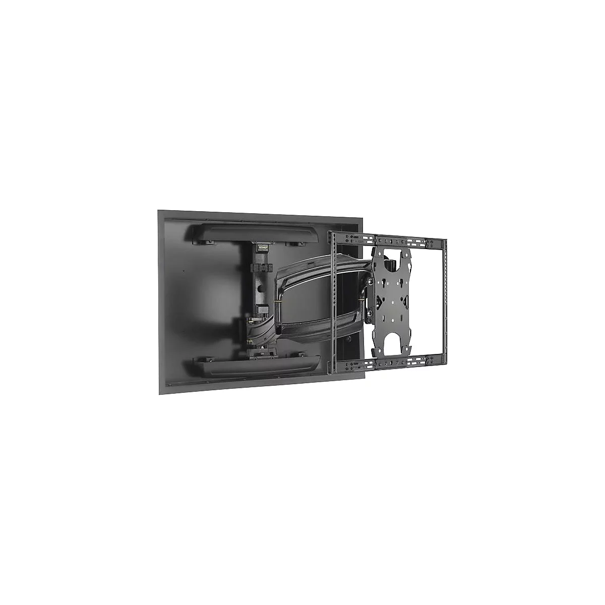 Schwarze TV-Wandhalterung in Box mit montiertem Schwenkarm. Der rechteckige Rahmen hÃ¤lt den Fernseher.