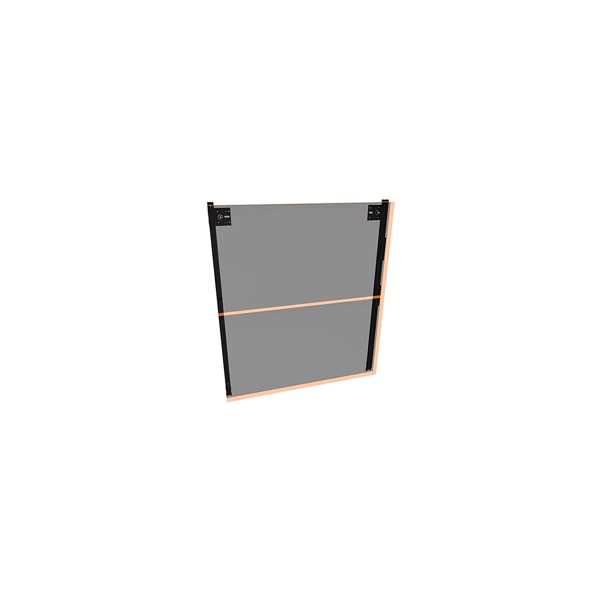 Quadratische, graue Glasplatte in schwarzem Metallrahmen mit orangen Markierungen an den Rändern.