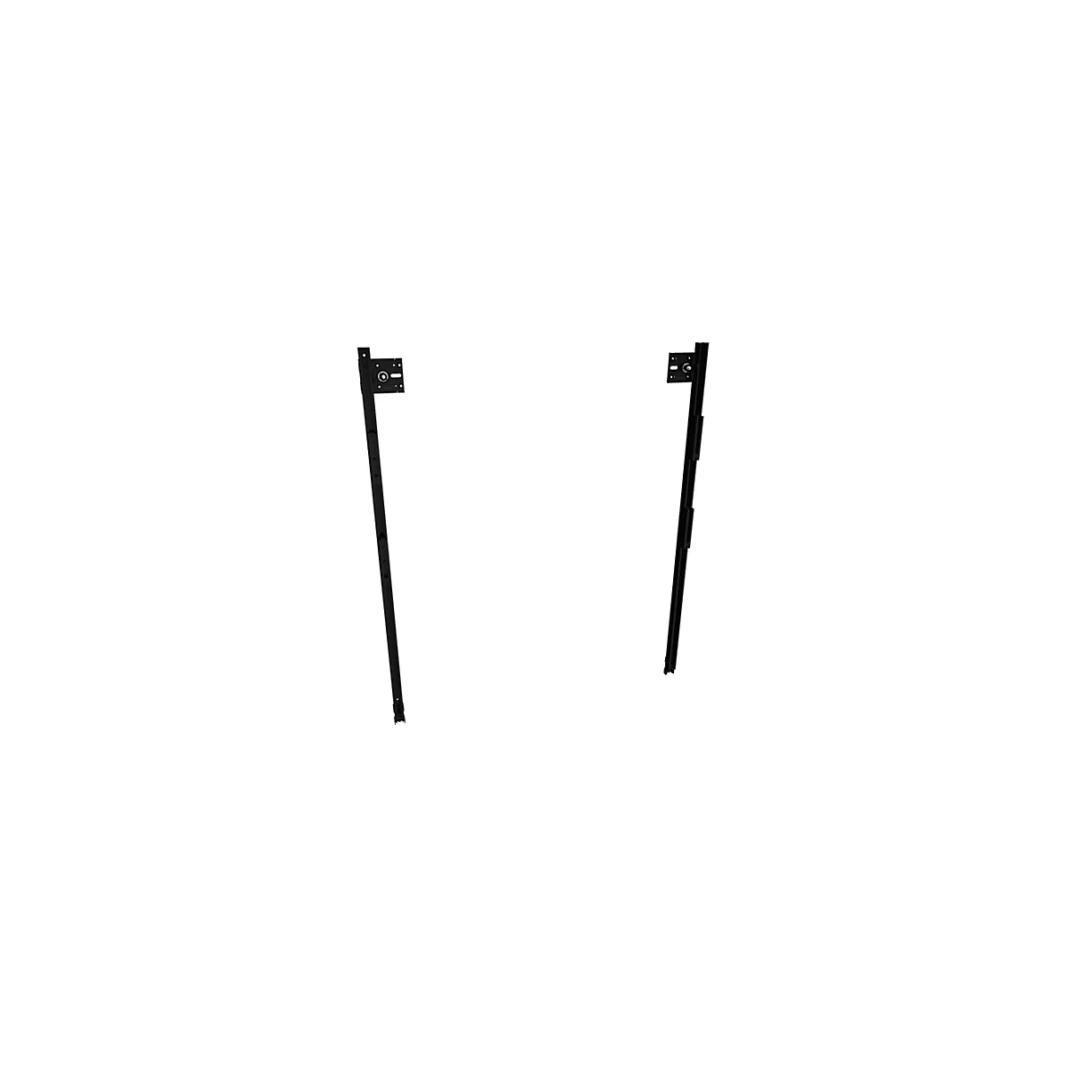 Zwei schwarze Metall-Führungsschienen für Schubladen vor weißem Hintergrund.