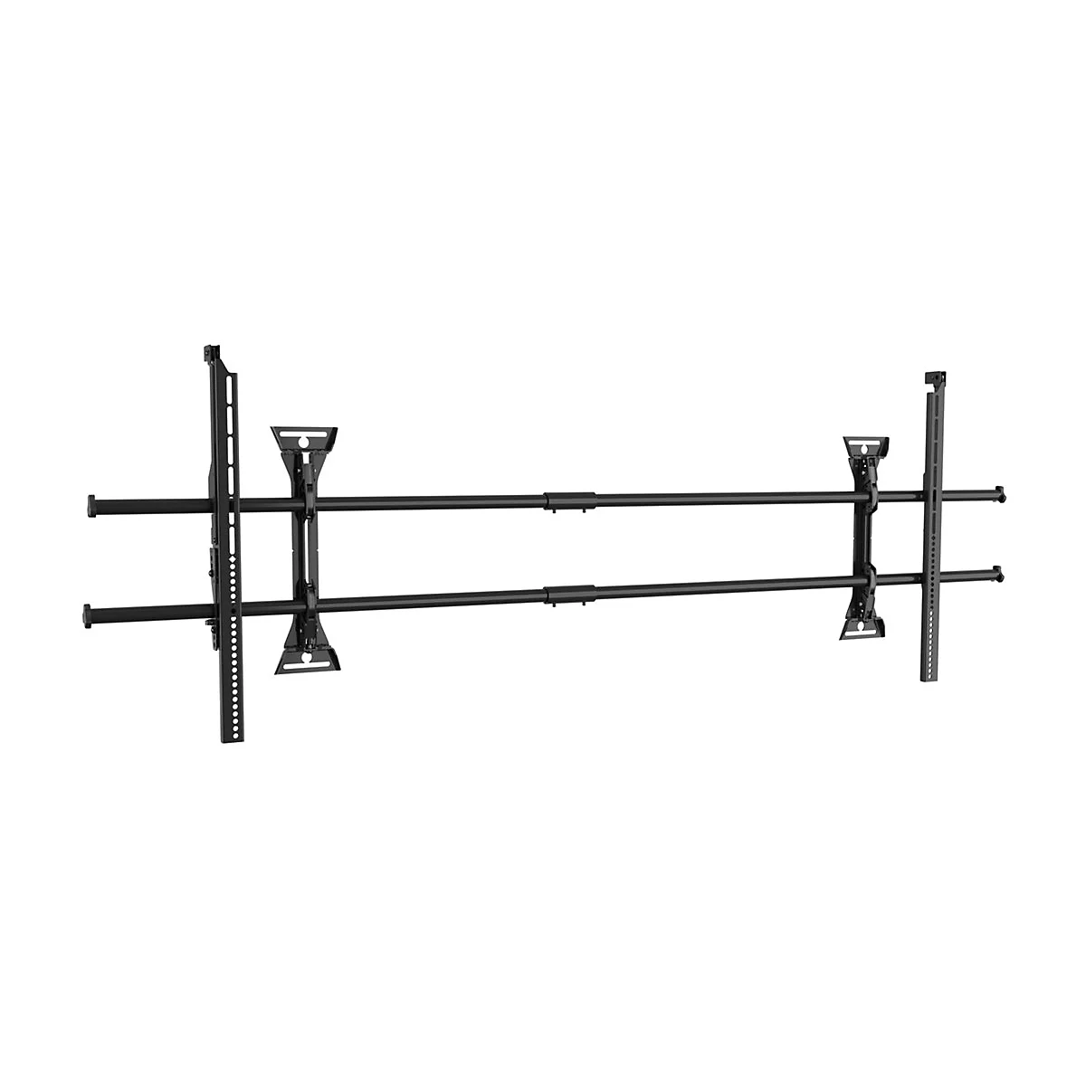 Schwarze TV-Wandhalterung für mehrere Bildschirme mit zwei horizontalen Schienen.