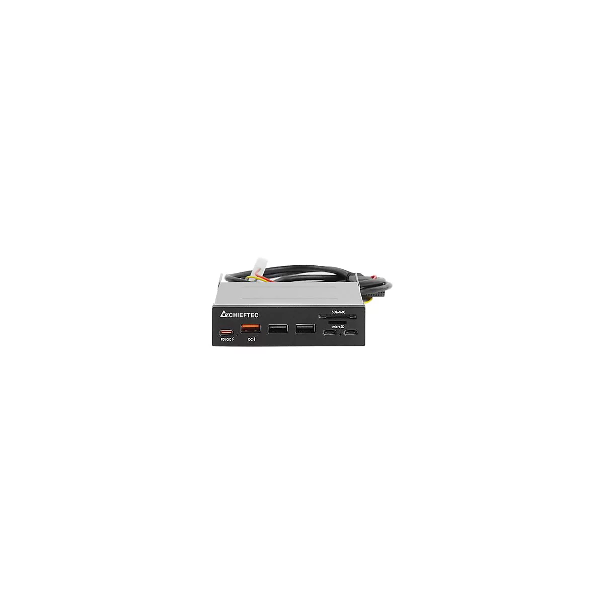 Frontplatte mit USB- und SD-Karten-AnschlÃ¼ssen, SD/MMC und microSD, QC4 und PD/QC, schwarzes GehÃ¤use.