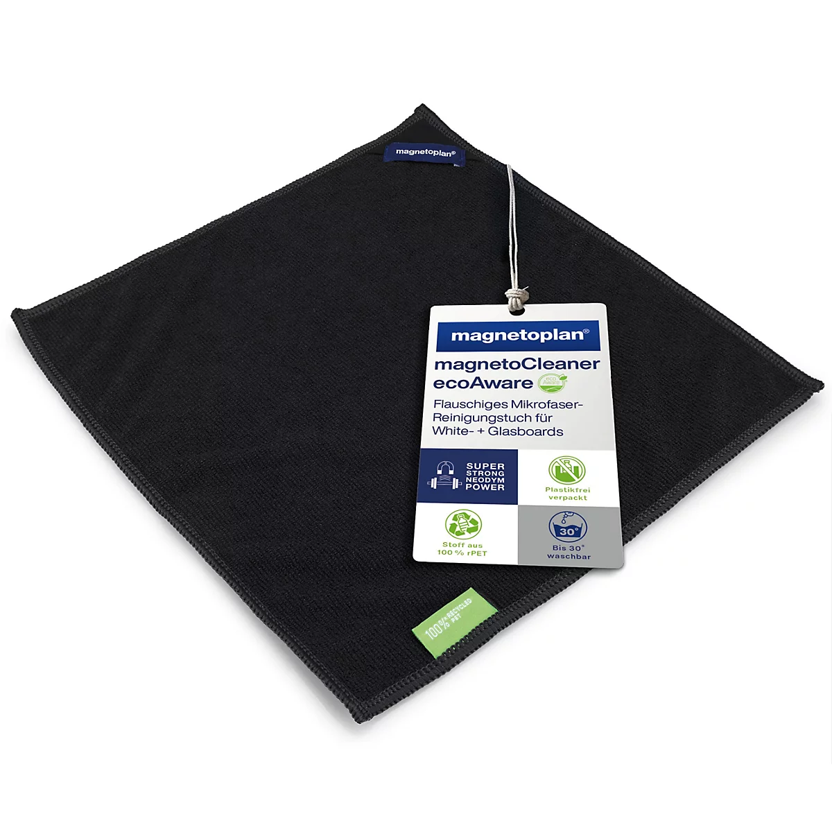 Chiffon en microfibre noir pour tableaux blancs avec étiquette produit et label Magnetoplan.