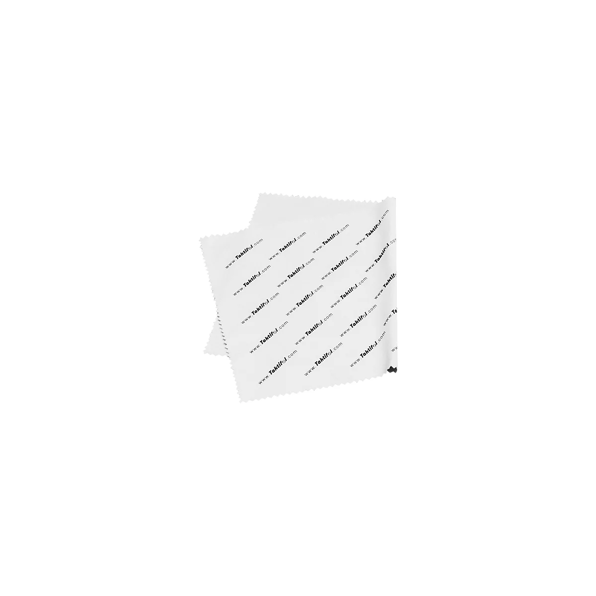 Deux chiffons de nettoyage blancs avec l'impression www.Taktifol.com. Les bords sont dentelés.
