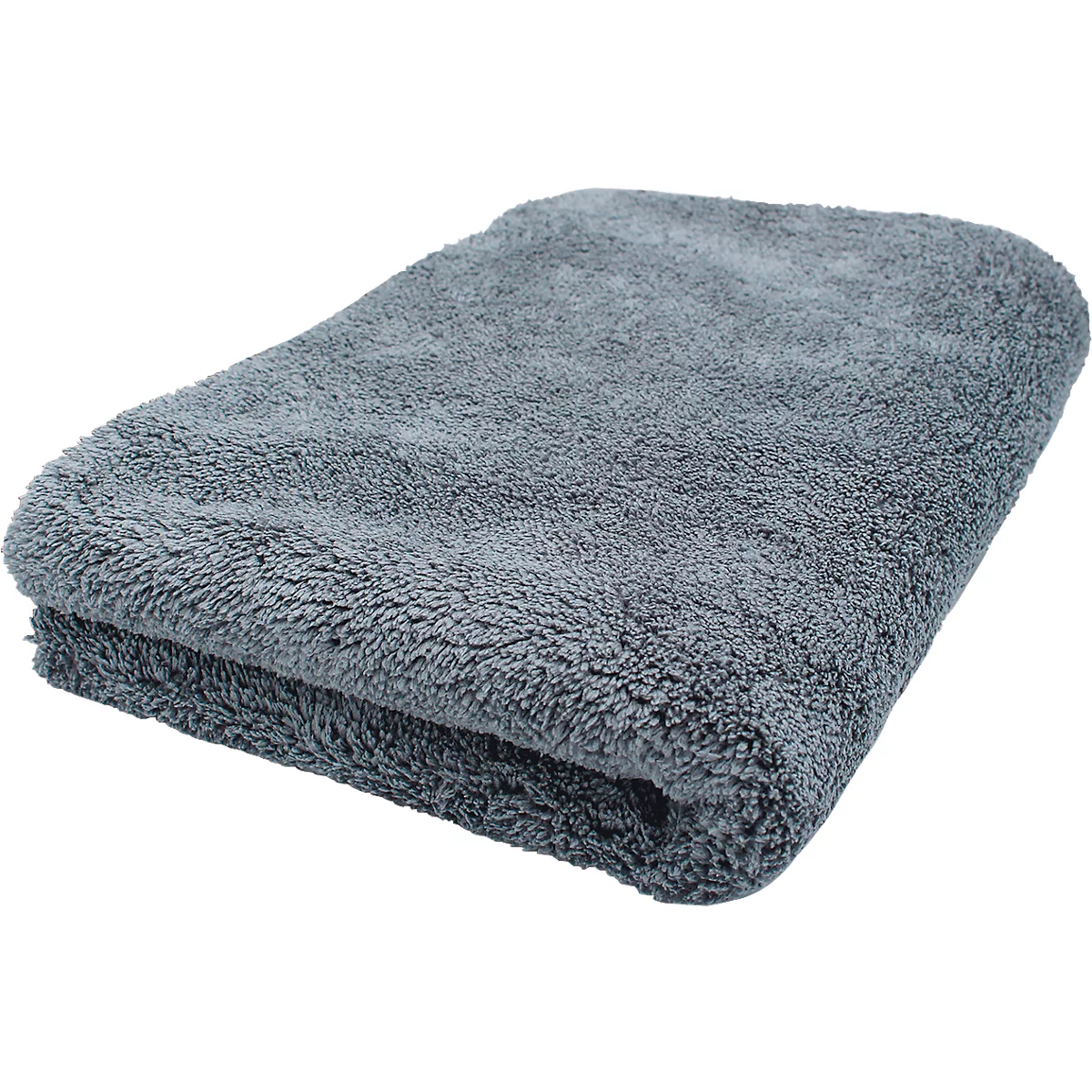 Une serviette en microfibre grise pliée. La surface est douce et duveteuse.