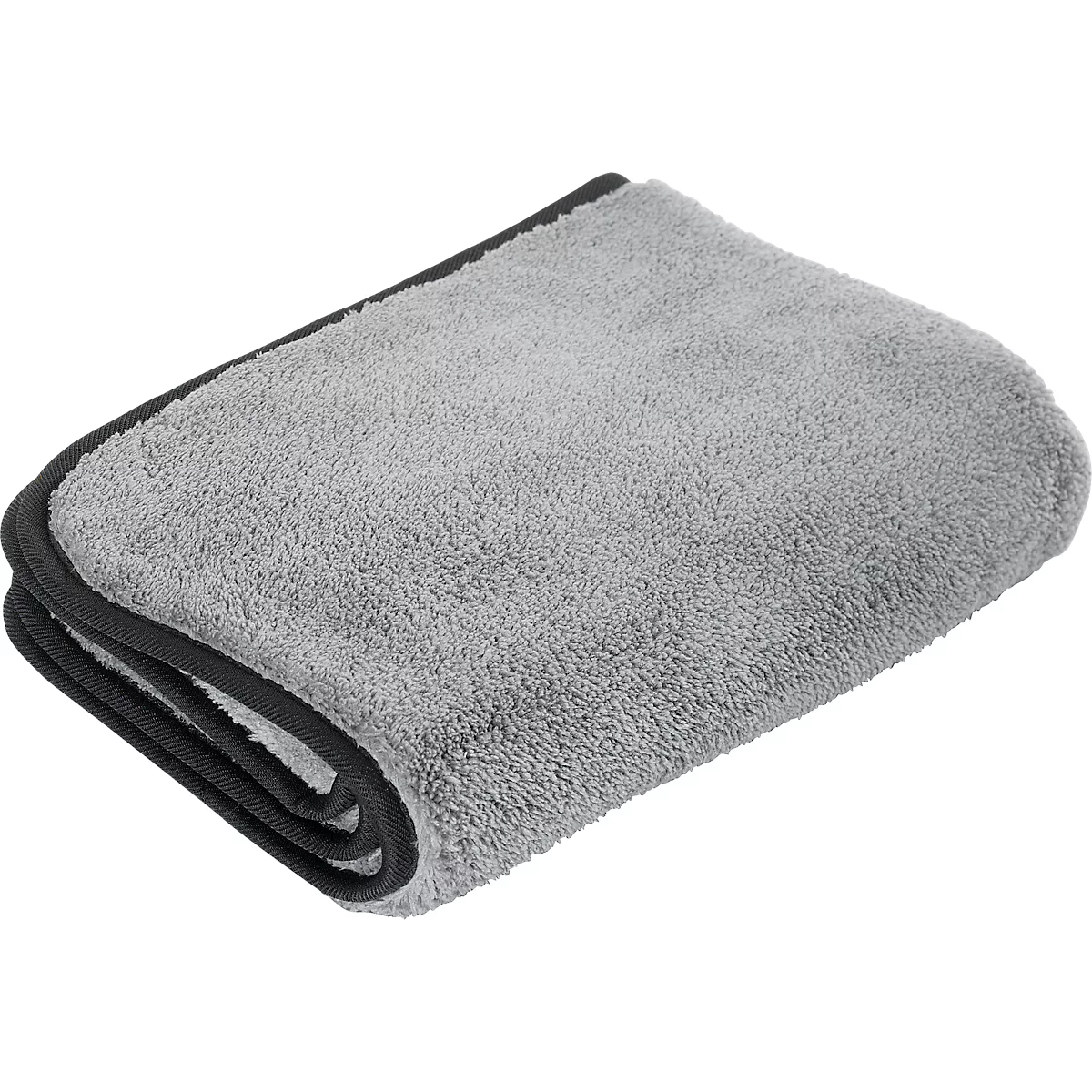 Serviette en microfibre grise avec bord noir, pliée.