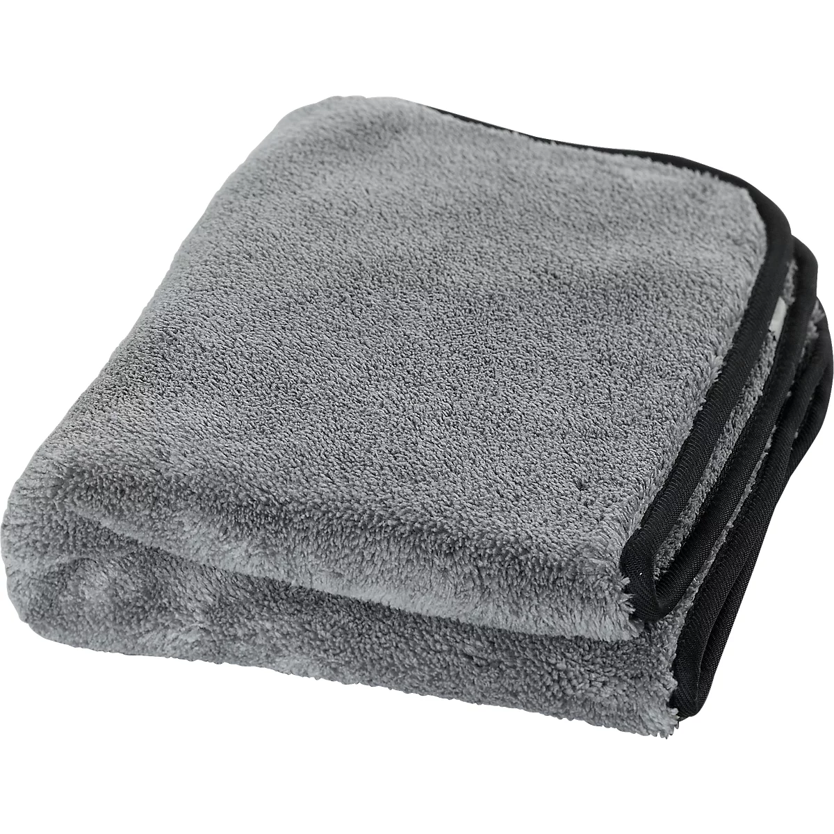 Une serviette grise et douce, pliée. Le bord est bordé de noir.