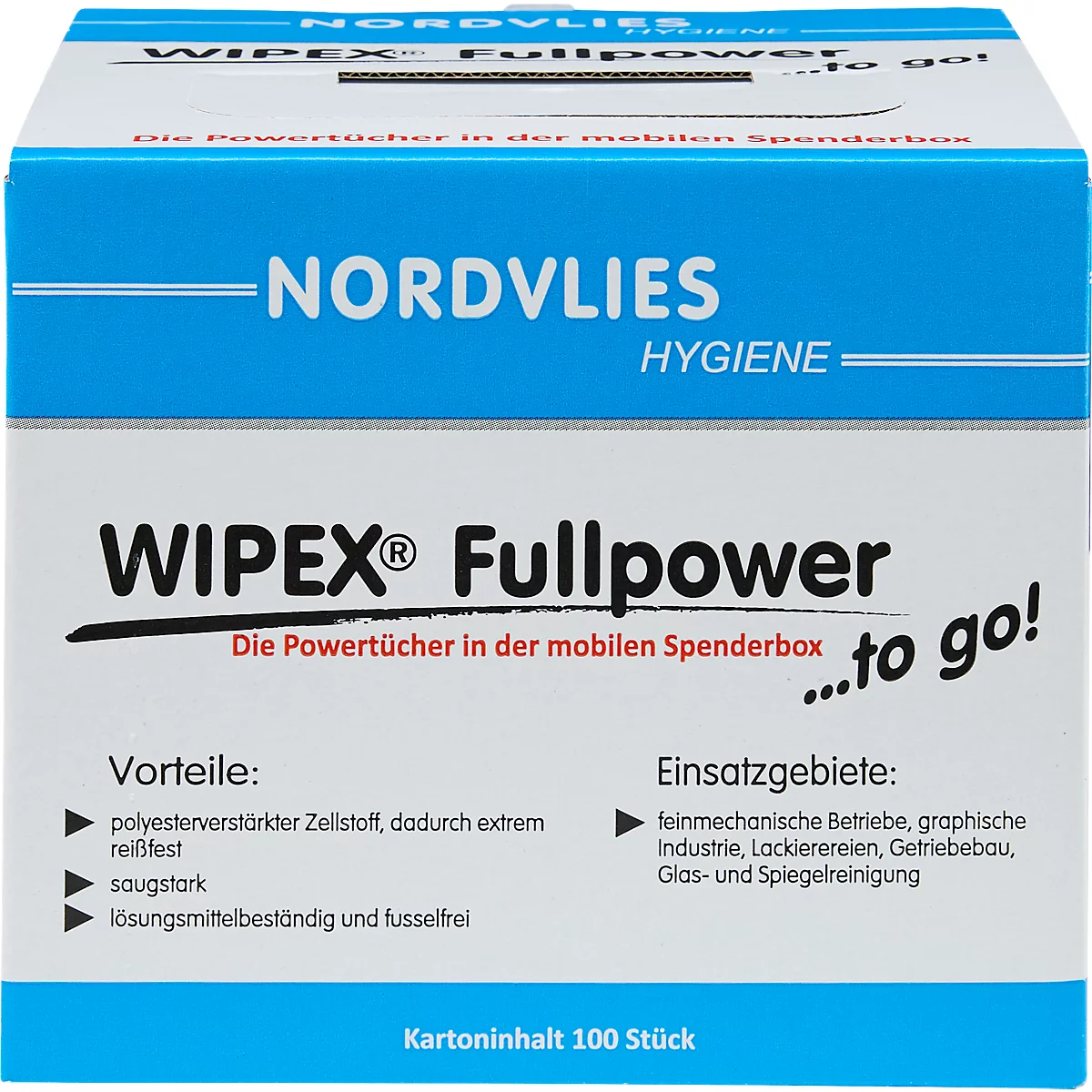 Boîte blanche avec couvercle bleu. Inscription : WIPEX Fullpower, lingettes d'hygiène. Les avantages et les domaines d'application sont énumérés textuellement.