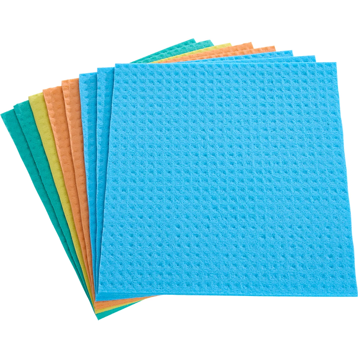Des éponges multicolores, bleu au premier plan, disposées en éventail.
