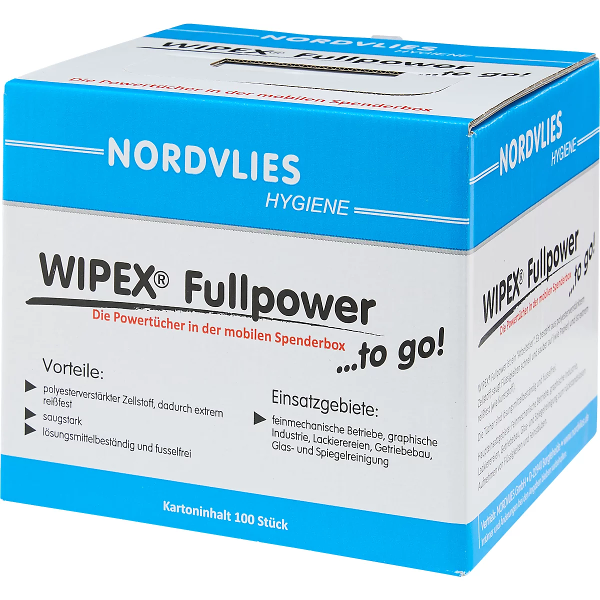 Une boîte blanche avec des accents bleus, faisant la publicité des lingettes nettoyantes "WIPEX Fullpower". Texte en allemand, avec contenu et domaines d'utilisation.