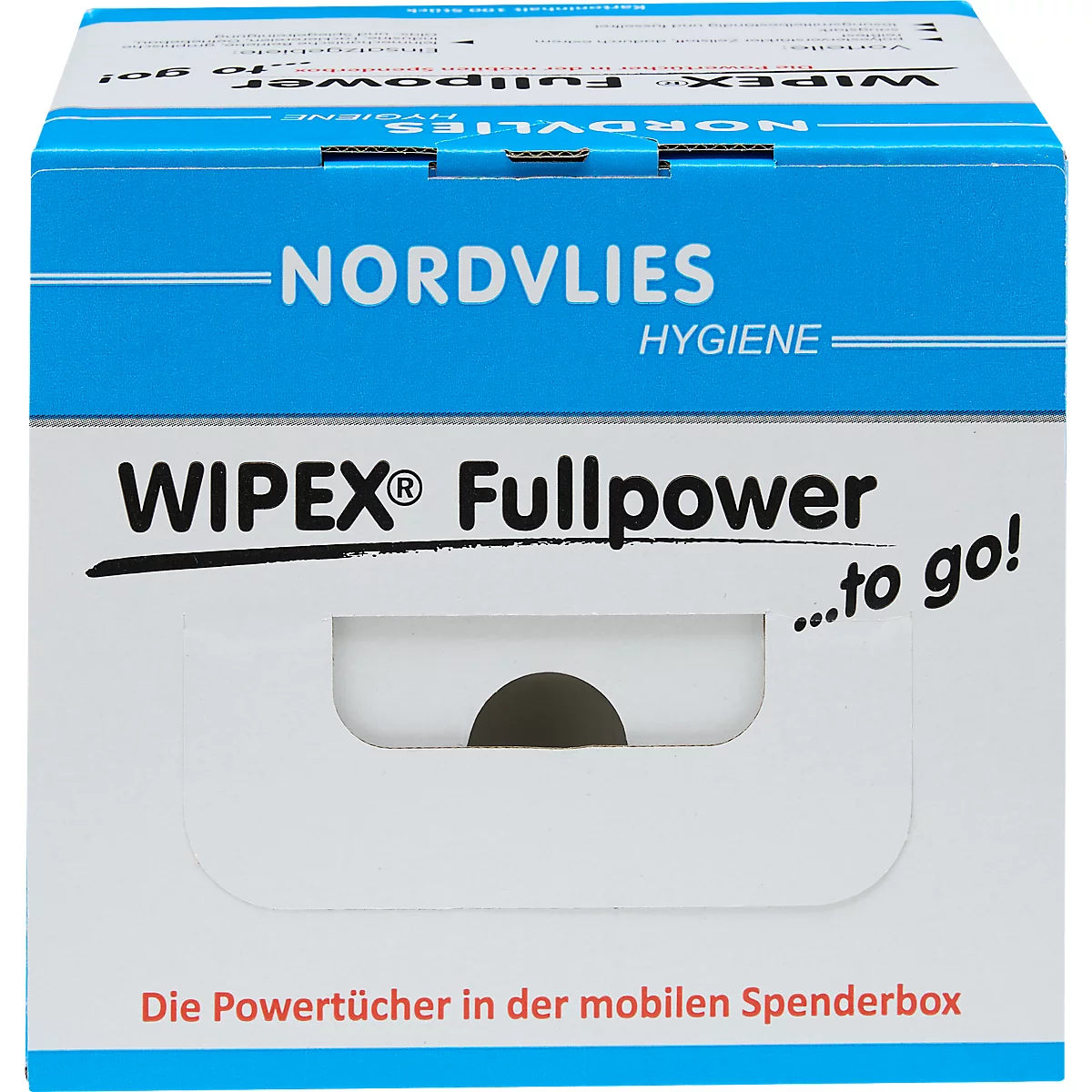 Boîte blanche avec couvercle bleu. Étiquette : WIPEX Fullpower. En dessous, un trou.