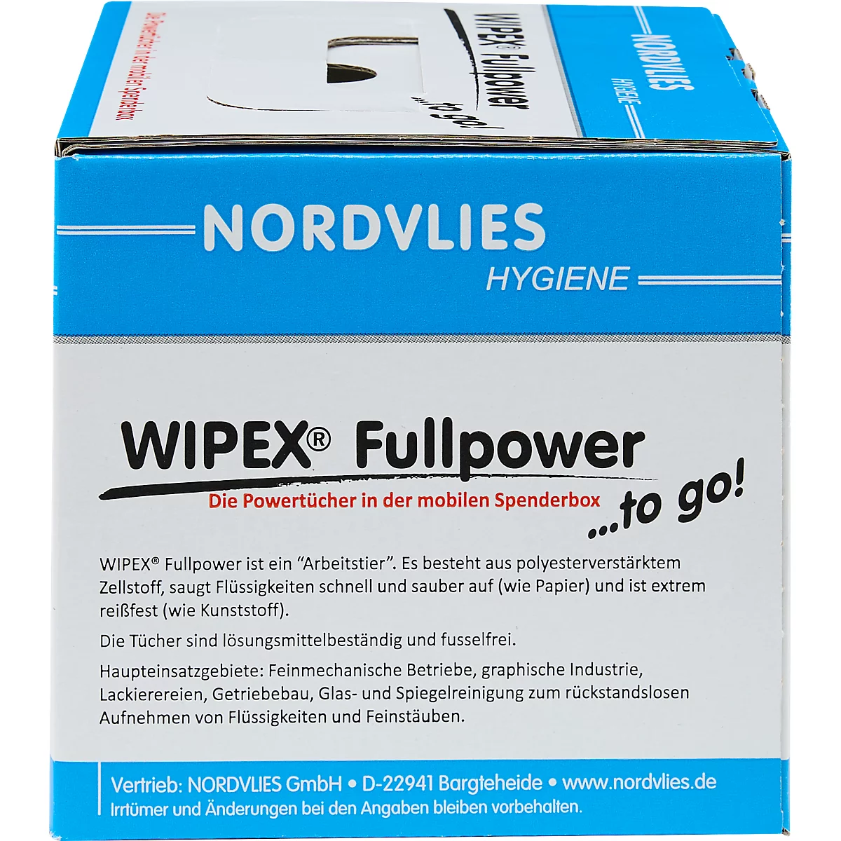 Boîte bleue avec lettrage blanc : NORDVLIES, WIPEX Fullpower, lingettes d'hygiène. Texte : Absorbe les liquides, résistant à la déchirure.