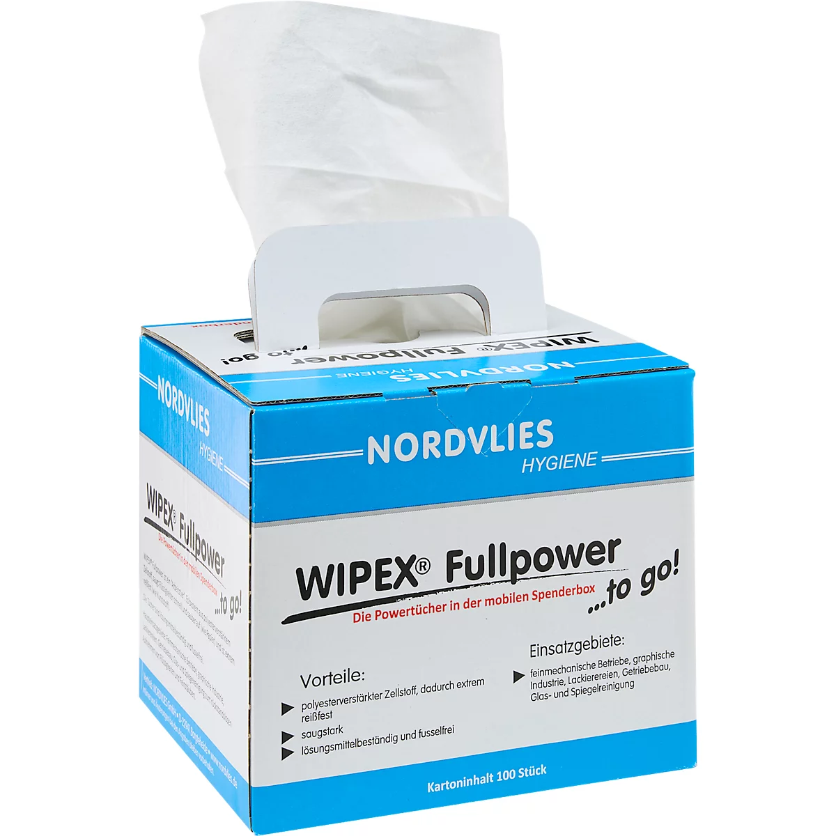 Boîte de papier essuie-tout bleue et blanche avec des serviettes sortant. Imprimé : "WIPEX Fullpower".