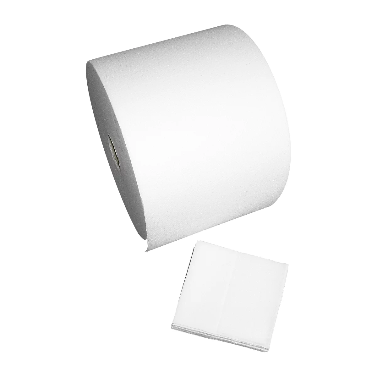 Un rouleau de papier blanc et une pile de feuilles de papier pliées blanches sur fond blanc.