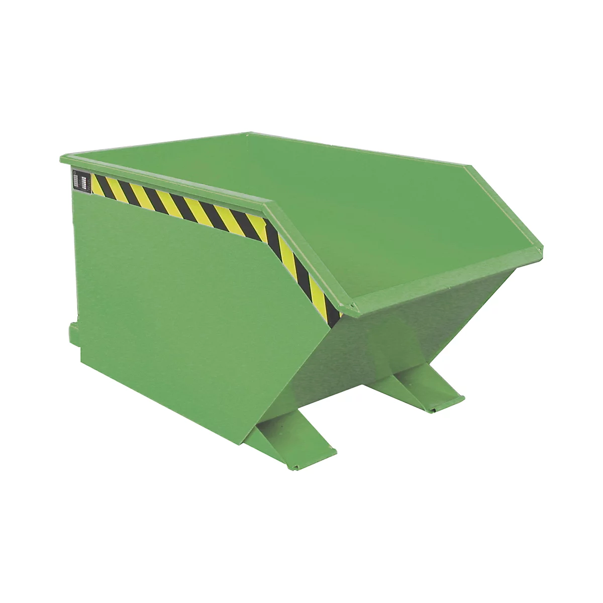 Green tipping skip, sloping. Yellow and black warning stripes on the top edge.