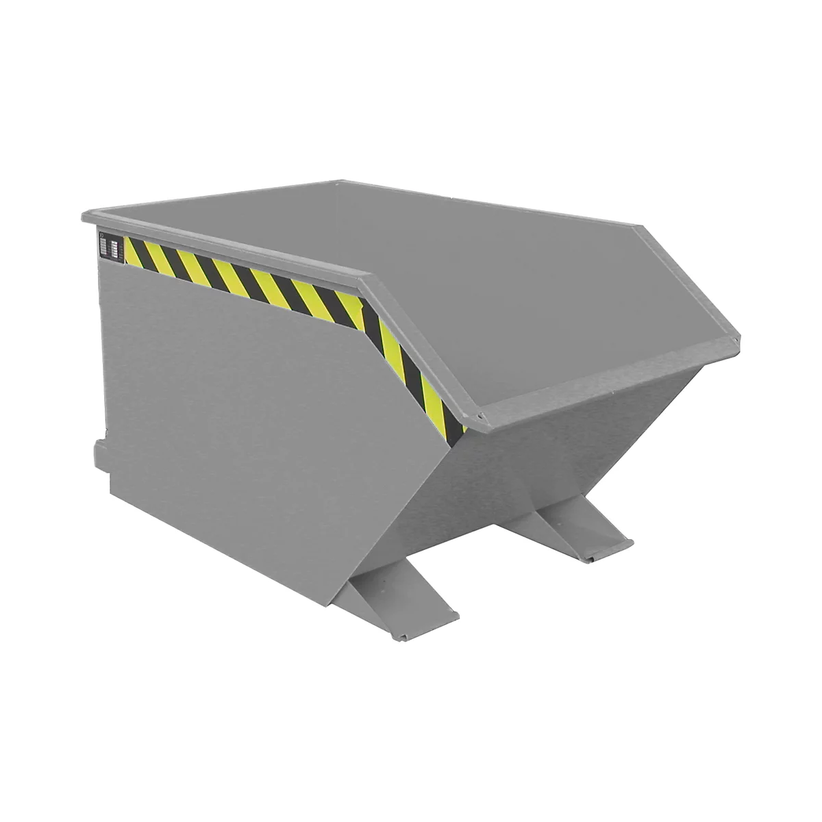 Gray skip with angled walls. Yellow and black stripes as a warning. Steel construction.