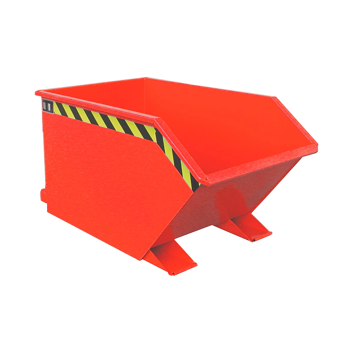 Red tipping container with yellow and black warning stripes.