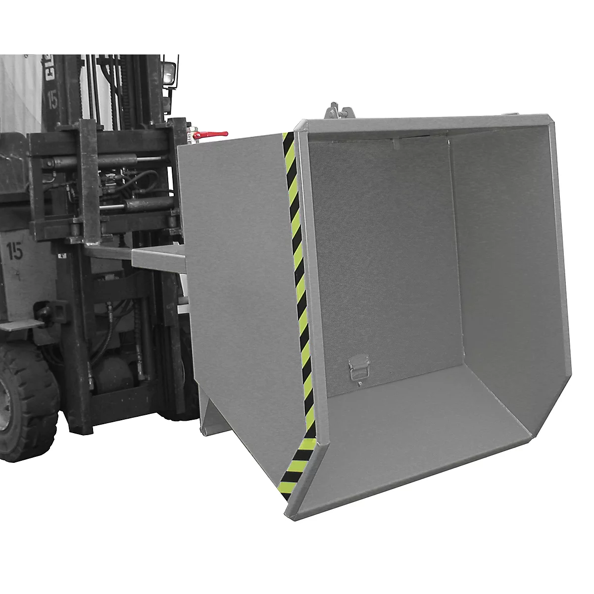 A gray industrial container being lifted by a forklift. Yellow and black warning stripes on the side.