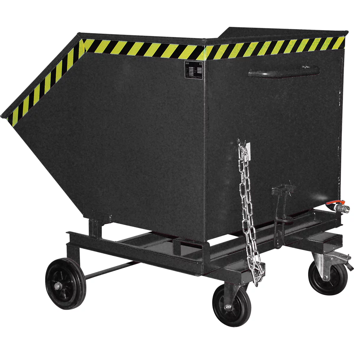 Black bin with wheels and yellow-black warning stripes. A chain and a faucet are attached.
