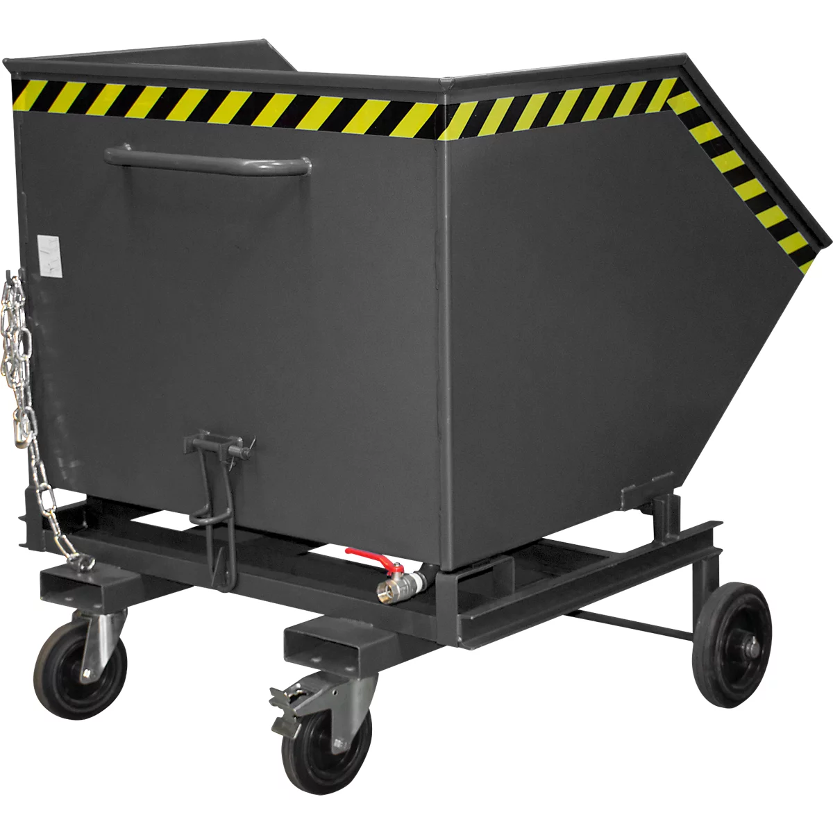 Gray container with yellow and black stripes. On a rolling frame with 4 wheels. Chain and faucet.