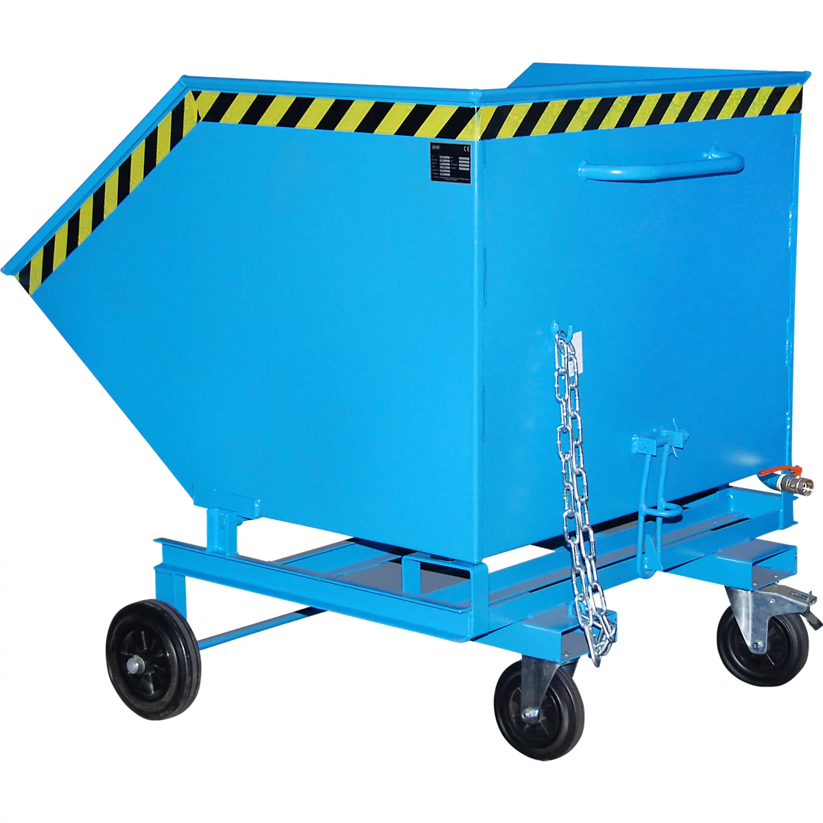 Blue tipping skip on wheels. Yellow and black warning stripe at the top edge. Chain and faucet.
