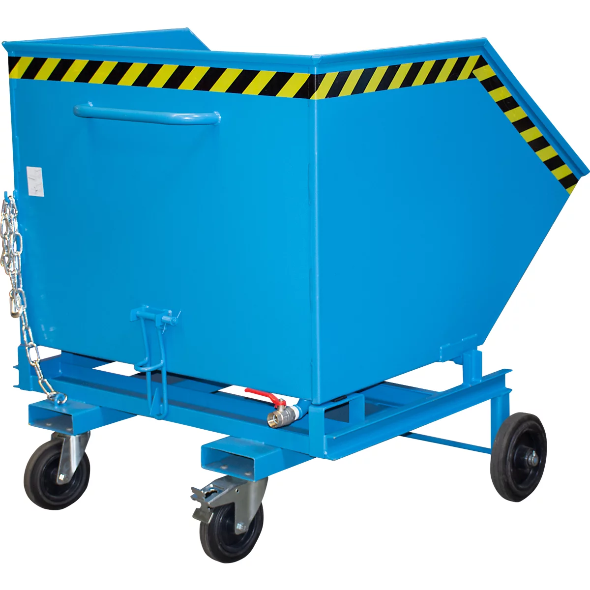 Blue tipping skip on wheels; yellow-black warning stripe at the top edge. Chain on the side. Ball valve.