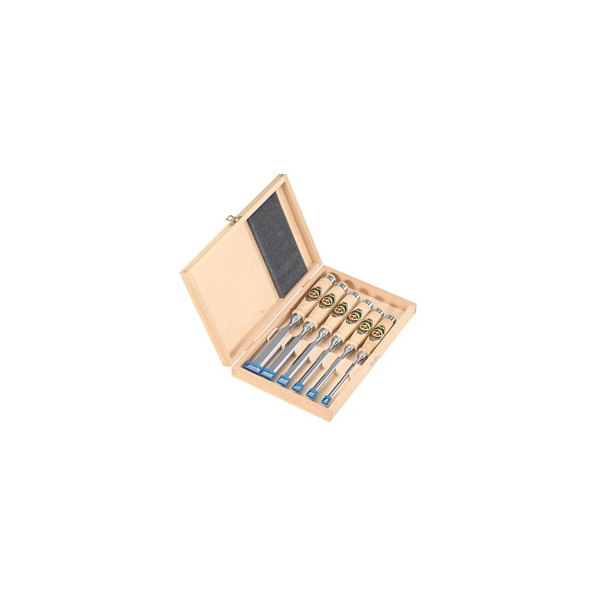 Wooden box with six chisels of different sizes. Chisels with wooden handle and blue protective caps.
