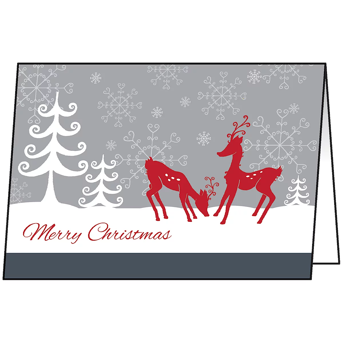 Christmas card with red reindeers and snowflakes on a gray background. The lettering "Merry Christmas" is red.