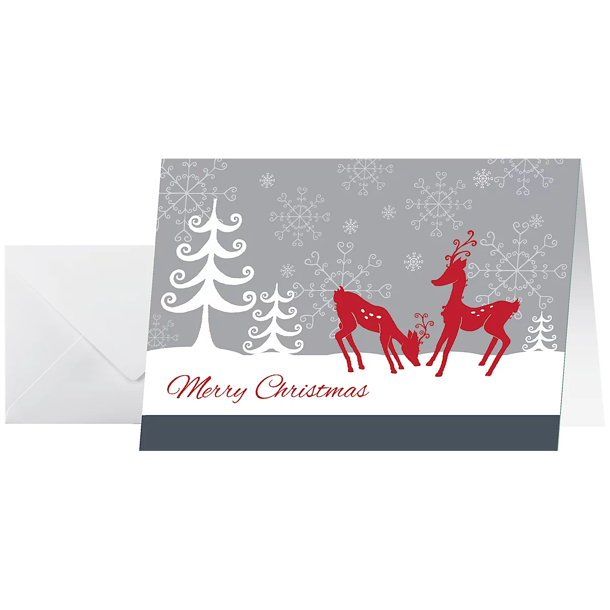 Christmas card with red reindeer silhouette, snow, and "Merry Christmas" text, against a grey background.
