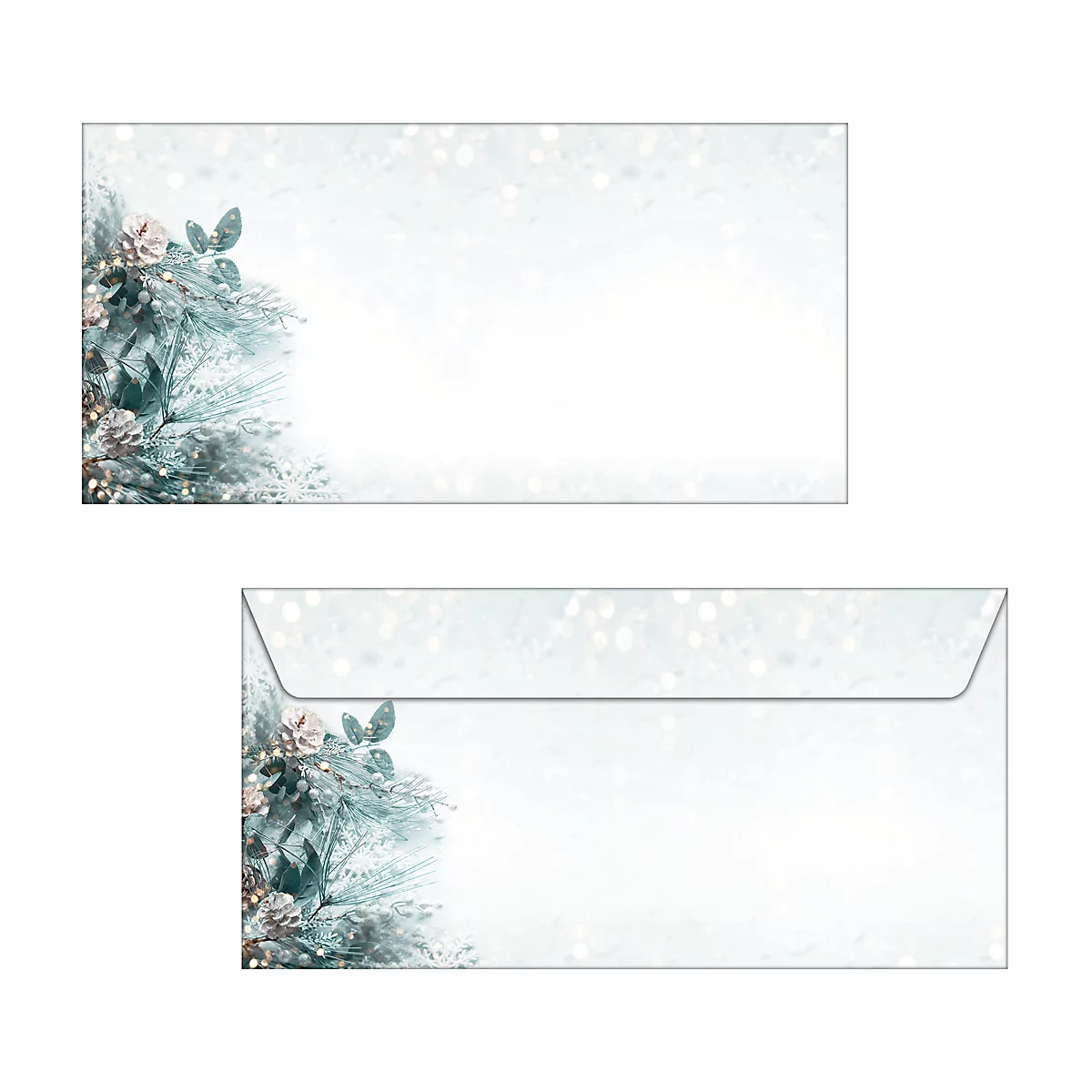 Two white envelopes decorated with Christmas ornaments, embellished with branches and glitter.