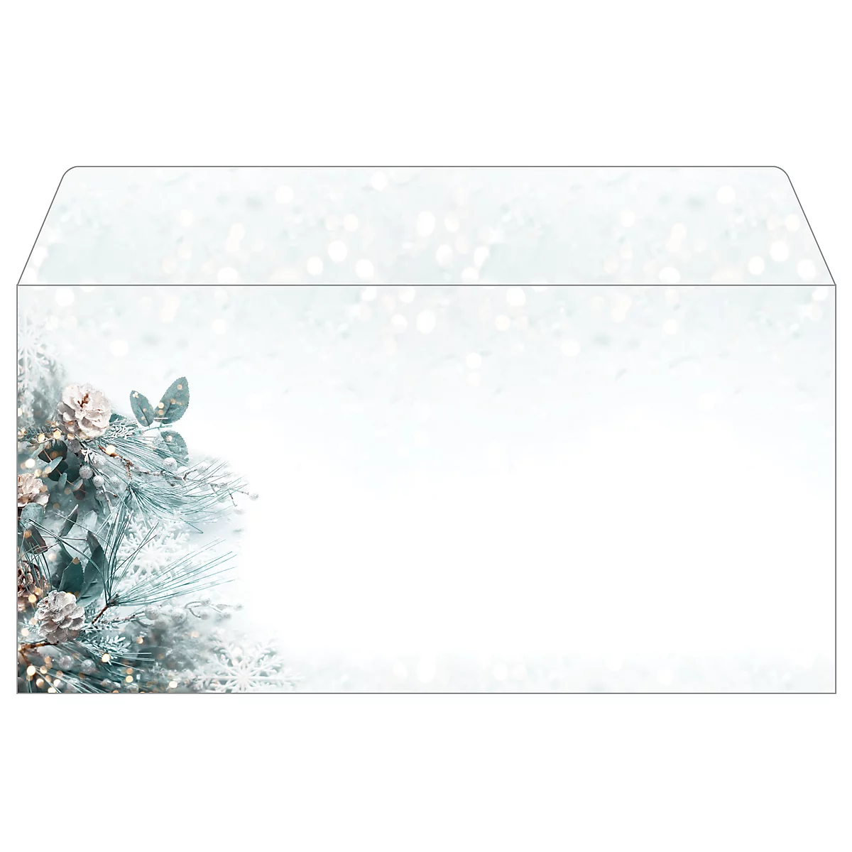 Christmas envelope with festive pine branch design on a bright, glittery background.